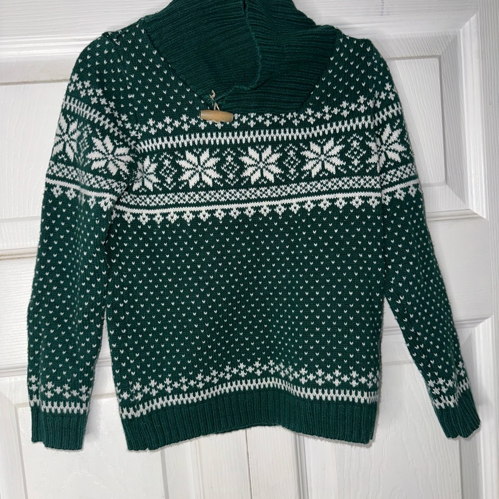 Tahari Green and White Cowl Neck Sweater with Nordic Design